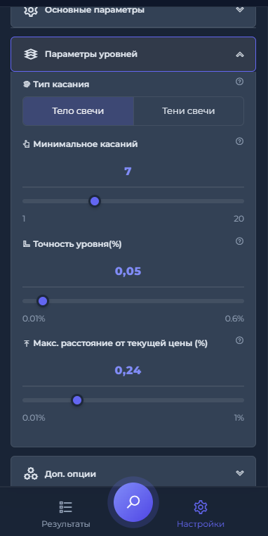 Параметры уровней Level Finder